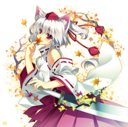 Rule 34 | 1girl, animal ears, detached sleeves, female focus, hat, inubashiri momiji, leaf, maple leaf, red eyes, riv (rivleaf), short hair, silver hair, solo, sword, tail, tokin hat, touhou, weapon, white background, wolf ears, wolf tail