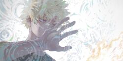 Rule 34 | 1boy, absurdres, bakugou katsuki, bare shoulders, blonde hair, boku no hero academia, closed mouth, covered mouth, eyebrows hidden by hair, from side, hand up, highres, looking ahead, male focus, open hand, outstretched hand, portrait, red eyes, rika (rika ktdk), sanpaku, short hair, simple background, sleeveless, solo, spiked hair, tank top, white background