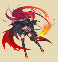 Rule 34 | 1girl, belt, belt skirt, bike shorts, boots, cape, latex, legs, long hair, lvans, midriff, multicolored clothes, multicolored legwear, open mouth, red eyes, red hair, shakugan no shana, shana, simple background, solo, strap, thigh boots, thighhighs, weapon, whip