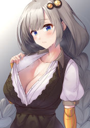 Rule 34 | 1girl, black dress, blue eyes, blush, braid, breasts, cleavage, collarbone, commentary request, dress, gradient background, grey background, hair ornament, highres, kizuna akari, large breasts, long hair, looking at viewer, nail polish, no bra, open clothes, open shirt, orange nails, parted lips, pentagram, shirt, short sleeves, silver hair, smile, solo, sweat, tenneko yuuri, twin braids, unbuttoned, unbuttoned shirt, upper body, very long hair, vocaloid, voiceroid, white shirt