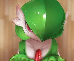 Rule 34 | 1girl, blurry, blurry background, bob cut, breast press, breasts, collarbone, colored skin, creatures (company), female focus, game freak, gardevoir, gen 3 pokemon, green hair, green skin, hair over one eye, hands up, light bulb (pixiv 84279257), looking at viewer, looking up, multicolored skin, nintendo, no mouth, one eye covered, pokemon, pokemon (creature), red eyes, short hair, small breasts, solo, standing, two-tone skin, upper body, white skin, wooden floor