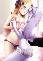 Rule 34 | 2girls, abigail williams (fate), ass, bare arms, bare shoulders, black bow, black panties, blonde hair, blue eyes, blush, bow, breasts, butt crack, collarbone, fate/grand order, fate (series), hair bow, highres, holding hands, horns, kuro yanagi, lavinia whateley (fate), long hair, looking at another, multiple girls, orange bow, panties, parted bangs, polka dot, polka dot bow, single horn, small breasts, tongue, tongue out, underwear, white hair, yuri