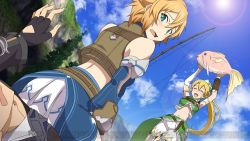 Rule 34 | 10s, 1boy, 2girls, black gloves, blonde hair, blue eyes, breasts, brown hair, cleavage, day, detached sleeves, closed eyes, fingerless gloves, fish, game cg, gloves, kirito, leafa, leafa (sao:im), long hair, multiple girls, navel, open mouth, outdoors, philia (sao), ponytail, short hair, sitting, sitting on person, sword art online, sword art online: hollow realization, watermark