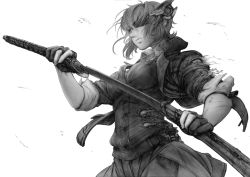 Rule 34 | 10s, 1girl, black gloves, drawing sword, eyepatch, gloves, greyscale, holding, holding sword, holding weapon, imizu (nitro unknown), kantai collection, katana, monochrome, partially fingerless gloves, rigging, sheath, short hair, skirt, sleeves rolled up, solo, sword, tenryuu (kancolle), torn clothes, unsheathing, weapon, white background