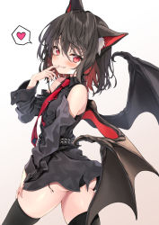Rule 34 | 1girl, animal ear fluff, animal ears, ass, belt, black dress, black hair, black panties, black thighhighs, black wings, blush, cat ears, closed mouth, cowboy shot, demon wings, detached sleeves, dress, fang, fang out, finger to mouth, from behind, gradient hair, heart, kakao rantan, long sleeves, looking at viewer, looking back, multicolored hair, necktie, original, panties, pantyshot, red eyes, red hair, red necktie, short dress, short hair, smile, solo, speech bubble, spoken heart, thighhighs, underwear, wings