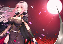 Rule 34 | 1girl, absurdres, black cape, black dress, black thighhighs, blush, breasts, cape, cleavage, crown, dress, flower, full moon, highres, holding, holding scythe, hololive, hololive english, large breasts, long hair, looking at viewer, moon, moonlight, mori calliope, mori calliope (1st costume), nyctea snow, petals, pink eyes, pink hair, scythe, see-through, see-through sleeves, signature, single sleeve, single thighhigh, sitting, solo, spiked cape, thighhighs, underworld, veil, virtual youtuber, weapon