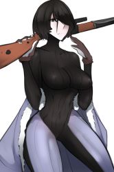Rule 34 | 1girl, black hair, bodysuit, breasts, brown eyes, brown gloves, clothes around waist, commentary, gloves, gun, hair over one eye, jacket, jacket around waist, large breasts, marina wulfstan, over shoulder, ribbed bodysuit, rifle, scathegrapes, senjou no valkyria (series), senjou no valkyria 1, short hair, skin tight, sniper rifle, solo, weapon, weapon over shoulder
