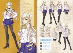 Rule 34 | 10s, 1girl, blonde hair, blue eyes, boots, breasts, celia kumani entory, character sheet, costume chart, crossed arms, epaulettes, female focus, hairband, highres, knee boots, komori kei, large breasts, long hair, looking at viewer, looking back, miniskirt, pantyhose, pleated skirt, simple background, skirt, smile, solo, standing, thighhighs, walkure romanze