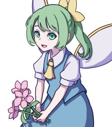 Rule 34 | 1girl, absurdres, blue dress, bow, collared shirt, daiyousei, dress, fairy wings, flower, green hair, hair bow, highres, holding, holding flower, kame (kamepan44231), long hair, one-hour drawing challenge, shirt, short sleeves, side ponytail, simple background, smile, touhou, white background, white shirt, wings, yellow bow