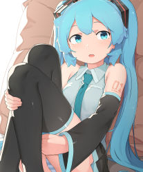 Rule 34 | 1girl, abmayo, absurdres, aqua hair, ass, bare shoulders, black skirt, black sleeves, black thighhighs, blush, breasts, collared shirt, commentary, detached sleeves, feet out of frame, grey shirt, hair ornament, hatsune miku, highres, hugging own legs, knees up, long hair, long sleeves, looking at viewer, miniskirt, necktie, open mouth, panties, pantyshot, pleated skirt, shirt, sitting, skirt, sleeveless, sleeveless shirt, small breasts, solo, striped clothes, striped panties, thighhighs, twintails, underwear, very long hair, vocaloid
