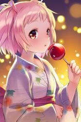Rule 34 | 1girl, blurry, bokeh, bow, candy apple, depth of field, flower knight girl, food, hanai (flower knight girl), holding, holding food, japanese clothes, kimono, looking at viewer, pink bow, pink hair, print kimono, red eyes, short hair, short twintails, shouni (sato3), solo, twintails, two side up, upper body, white kimono, yukata