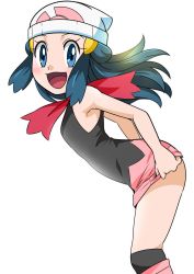 Rule 34 | 1girl, blue eyes, blue hair, blush, boots, breasts, creatures (company), curvy, dawn (pokemon), female focus, game freak, hainchu, highres, looking at viewer, looking back, nintendo, pokemon, pokemon (anime), pokemon dppt (anime), shiny skin, skirt, small breasts, solo
