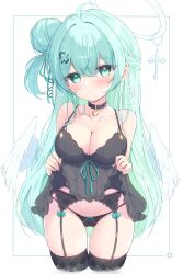 Rule 34 | 1girl, ahoge, angel wings, black choker, black panties, black thighhighs, blush, breasts, choker, cleavage, closed mouth, clothes lift, collarbone, cowboy shot, feathered wings, fingernails, flower, garter belt, green eyes, green flower, green hair, green halo, hair between eyes, hair bun, hair flower, hair ornament, halo, highres, large breasts, lifted by self, lingerie, long hair, looking at viewer, mikaze oto, original, panties, single side bun, solo, thighhighs, underwear, white wings, wings