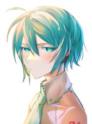 Rule 34 | 1girl, absurdres, agyou sonokou l, ahoge, alternate hair length, alternate hairstyle, annoyed, aqua eyes, aqua hair, aqua necktie, bare shoulders, collarbone, commentary, frown, grey shirt, half-closed eyes, hatsune miku, headphones, highres, light blush, looking at viewer, making-of available, necktie, shirt, short hair, signature, sleeveless, sleeveless shirt, solo, upper body, vocaloid, white background