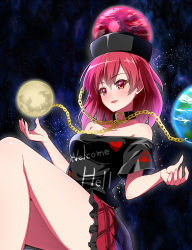 Rule 34 | 1girl, :d, bare shoulders, black choker, black shirt, blue skirt, blush, breasts, chain, choker, cleavage, clothes writing, collar, commentary request, dezuko (dezuko no heya), earth (ornament), feet out of frame, hair between eyes, hat, heart, hecatia lapislazuli, long hair, looking at viewer, medium breasts, miniskirt, moon (ornament), multicolored clothes, multicolored skirt, off-shoulder shirt, off shoulder, open mouth, partial commentary, plaid, plaid skirt, red eyes, red hair, red skirt, revision, shirt, short sleeves, skirt, smile, solo, t-shirt, thighs, touhou