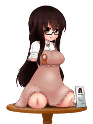Rule 34 | 1girl, amputee, blush, bow, brown eyes, brown hair, dress, glasses, highres, long hair, looking at viewer, mikey sukairain, open mouth, quadruple amputee, ribbon, simple background, sitting, solo, table, white background
