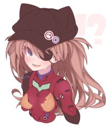 Rule 34 | !?, 1girl, :d, animal ears, animal hat, badge, black hat, blue eyes, blush, bodysuit, breasts, brown hair, button badge, cabbie hat, cropped torso, eyepatch, fake animal ears, hat, long hair, looking at viewer, neon genesis evangelion, open mouth, plugsuit, red bodysuit, rikumaru, simple background, small breasts, smile, solo, souryuu asuka langley, sweat, upper body, white background