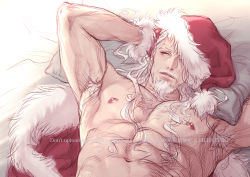 Rule 34 | 1boy, abs, arm behind head, armpit hair, armpits, bara, bare pectorals, beard, chest hair, christmas, facial hair, fur-trimmed jacket, fur trim, goatee, hat, i reibun, jacket, large pectorals, long hair, lying, male focus, mature male, muscular, muscular male, mustache, navel, nipples, old, old man, on back, on bed, open clothes, open jacket, original, pectorals, santa costume, santa hat, solo, stomach, upper body, wakling up, white hair