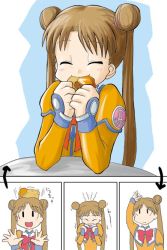 Rule 34 | 00s, 1girl, artist request, biscuit (bread), brown hair, closed eyes, double bun, food, hair bun, happy, katase shima, long hair, object on head, orange shirt, shirt, simple background, solo, syrup, twintails, uchuu no stellvia, white background