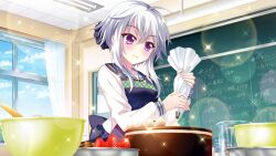 Rule 34 | 1girl, ahoge, apron, back bow, baking, black scrunchie, blue apron, blue sailor collar, blue sky, bow, cake, ceiling, chalkboard, chocolate cake, classroom, cloud, curtains, day, door, dot nose, film grain, food, fruit, game cg, grey hair, hair ornament, hair scrunchie, ichijou ruka, icing, indoors, izumi tsubasu, large bow, lens flare, measuring cup, mixing bowl, non-web source, nut (food), official art, pastry bag, purple eyes, re:stage!, recipe (object), sailor collar, school, school uniform, scrunchie, short hair, sky, smile, solo, sparkle, strawberry, tile ceiling, tiles, white uniform, window
