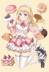 Rule 34 | 1girl, blonde hair, cake, chocolate cake, cream puff, dress, flower, food, fruit, headdress, heart, heart-shaped pupils, high heels, highres, holding, holding flower, ice cream, long hair, macaron, original, parfait, plate, pudding, pumps, ray-akila, smile, solo, strawberry, strawberry shortcake, symbol-shaped pupils, thighhighs, white thighhighs, yellow background