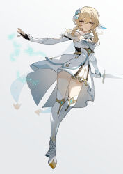 Rule 34 | 1girl, bare shoulders, blonde hair, boots, breasts, cleavage, constellation, detached sleeves, dress, feather hair ornament, feathers, flower, genshin impact, gloves, hair between eyes, hair flower, hair ornament, highres, holding, holding sword, holding weapon, lumine (genshin impact), medium breasts, outstretched arms, panties, panty peek, parted lips, partially fingerless gloves, scarf, short hair with long locks, sidelocks, sleeveless, sleeveless dress, solo, sword, thigh boots, underwear, vambraces, weapon, white dress, white flower, white footwear, white scarf, yaner 10, yellow eyes