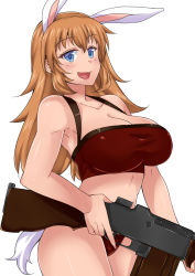 Rule 34 | 1girl, animal ears, bare shoulders, breasts, brown hair, browning automatic rifle, charlotte e. yeager, cleavage, gun, highres, komusou (jinrikisha), large breasts, long hair, rabbit ears, rabbit girl, rabbit tail, rifle, simple background, smile, solo, strike witches, tail, weapon, white background, world witches series