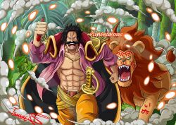 Rule 34 | 1boy, abs, animal, artist name, black hair, drawing on another&#039;s face, empty eyes, facial hair, gol d. roger, happy tears, highres, holding, holding marker, ismaindahouse, lion, male focus, marker, mustache, one piece, open clothes, open mouth, outdoors, running, sharp teeth, short hair, signature, smile, solo, spanish commentary, sword, tears, teeth, weapon