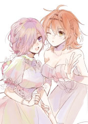 Rule 34 | 2girls, ahoge, alternate costume, bad id, bad twitter id, bare shoulders, blush, breasts, cleavage, collarbone, commentary request, dress, fate/grand order, fate (series), fingerless gloves, flower, formal, frills, fujimaru ritsuka (female), gloves, hair between eyes, hair flower, hair ornament, hair over one eye, holding, holding another&#039;s arm, large breasts, lips, mash kyrielight, medium breasts, multiple girls, one eye closed, one eye covered, open mouth, orange flower, orange hair, pink flower, pink hair, ponytail, puffy sleeves, purple eyes, shima f0509, short hair, side ponytail, simple background, sleeveless, sleeveless dress, smile, strapless, strapless dress, teeth, upper body, upper teeth only, white background, white dress, white gloves, yellow eyes