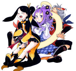 Rule 34 | 1boy, 2girls, black hair, cacao (99chocolove99), closed eyes, dress, gloves, grey hair, hair ornament, hairband, kagerou (summon night), long hair, multiple girls, open mouth, pariet, ponytail, purple eyes, purple hair, shoes, side ponytail, simple background, skirt, spinel (summon night), summon night, summon night 5, white background