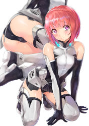 Rule 34 | 1girl, aikawa aika, alice gear aegis, arm support, ass, bare shoulders, black footwear, blunt bangs, blush, braid, breasts, closed mouth, elbow gloves, gloves, high collar, highres, kneeling, leotard, looking at viewer, lying, multiple views, nagayori, neon lights, on side, pink hair, purple eyes, shoes, short hair, small breasts, smile, thighhighs, thighs, two-tone leotard, white background