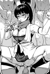 Rule 34 | 1girl, 3boys, areola slip, armpits, breasts, bulge, erection, erection under clothes, fellatio gesture, fishnets, greyscale, highres, ichiren takushou, japanese clothes, kimono, kunoichi, looking at viewer, monochrome, multiple boys, no bra, no panties, partially visible vulva, penis grab, spread legs, squatting, surrounded, sweat, tagme