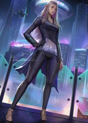 Rule 34 | 1girl, black gloves, building, cityscape, commentary, commission, cyberpunk, elf, english commentary, full body, gloves, grey eyes, grey hair, hand on own hip, high heels, highres, long hair, long sleeves, nibelart, original, parted lips, patreon username, pointy ears, purple lips, purple nails, science fiction, shadowrun, sideways glance, signature, single glove, skyscraper, solo, teeth, watermark, web address