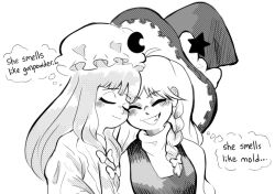 Rule 34 | 2girls, blush, bow, braid, clem (calmeremerald), closed eyes, commentary, english text, greyscale, grin, hair bow, hat, heads together, high collar, kirisame marisa, mob cap, monochrome, multiple girls, patchouli knowledge, side braid, smile, touhou, turtleneck, upper body, witch hat, yuri