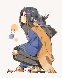Rule 34 | 1girl, animal, animal on shoulder, bird, bird on shoulder, black hair, blue jacket, branch, brown eyes, closed mouth, colored tips, from side, full body, grey pants, grey scarf, hair ornament, hairclip, highres, holding, holding branch, jacket, layered sleeves, multicolored clothes, multicolored hair, multicolored jacket, nanase (nanataroo 7), orange hair, orange jacket, original, pants, profile, sandals, scarf, simple background, sleeves past wrists, solo, squatting, tit (bird), twitter username, two-tone jacket, white background, wide sleeves
