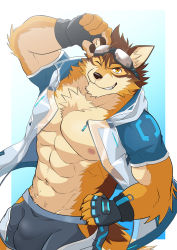 Rule 34 | 1boy, abs, absurdres, animal ears, bara, bare pectorals, barrel (cool gunfighter) (live a hero), barrel (live a hero), beige fur, brown fur, bulge, cowboy shot, dog boy, dog ears, dog tail, dutch angle, furry, furry male, goggles, goggles on head, grey male swimwear, highres, ioenami, large bulge, large pectorals, live a hero, looking at viewer, male focus, male swimwear, muscular, muscular male, navel, navel hair, nipples, official alternate costume, one eye closed, open clothes, open shirt, orange fur, pectorals, see-through, short hair, smirk, solo, stomach, swim briefs, tail