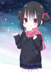 Rule 34 | 1girl, absurdres, asymmetrical hair, baozi, black hair, black jacket, blue skirt, blush, bow, closed mouth, commentary request, cowboy shot, double bun, food, food in mouth, hair between eyes, hair bow, hair bun, hamada pengin, hands up, highres, jacket, long sleeves, looking at viewer, love live!, love live! school idol project, mouth hold, pink bow, pink scarf, plaid, plaid skirt, pleated skirt, rain, scarf, side bun, skirt, sleeves past wrists, solo, yazawa nico