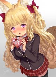 Rule 34 | 1girl, animal ear fluff, animal ears, artist name, black jacket, black thighhighs, blazer, blonde hair, blunt bangs, blush, bow, bowtie, box, breasts, buttons, collared shirt, commentary request, fang, fox ears, fox tail, gift, gift box, grey background, hair bow, heart-shaped box, highres, holding, holding gift, jacket, large breasts, long hair, long sleeves, looking at viewer, open mouth, open pajamas, original, pajamas, plaid, plaid bow, plaid skirt, purple eyes, red bow, red bowtie, red skirt, school uniform, shirt, short eyebrows, signature, simple background, skirt, solo, standing, tail, thighhighs, twintails, valentine, very long hair, wavy hair, white shirt, yapo (croquis side), zettai ryouiki