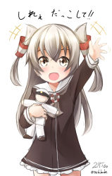 Rule 34 | 10s, 1girl, :d, aged down, amatsukaze (kancolle), bad id, bad pixiv id, doll, dress, grey eyes, hair tubes, kantai collection, long hair, nekobaka, open mouth, sailor dress, silver hair, simple background, smile, solo, two side up