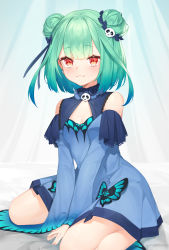Rule 34 | 1girl, absurdres, bare shoulders, bed sheet, between legs, blue bow, blue dress, blue hair, blue sleeves, bow, closed mouth, commentary request, curtains, detached sleeves, double bun, dress, gradient hair, green eyes, hair bow, hair bun, hair ornament, hand between legs, highres, hololive, juliet sleeves, long sleeves, looking at viewer, mokew, multicolored hair, puffy sleeves, red eyes, skull hair ornament, sleeveless, sleeveless dress, sleeves past wrists, smile, solo, uruha rushia, uruha rushia (1st costume), virtual youtuber