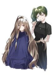 Rule 34 | 2girls, apron, brown hair, grey hair, highres, long hair, looking at another, multiple girls, ponytail, profnote, purple eyes, scissors, sense (sousou no frieren), shirt, smile, sousou no frieren, t-shirt, ubel (sousou no frieren), white background