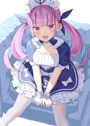 Rule 34 | 1girl, anchor, anchor symbol, armchair, between legs, blue dress, blue hair, blue ribbon, bow, braid, chair, commentary request, dress, feet out of frame, frilled dress, frills, gurande (g-size), hair ribbon, hand between legs, highres, hololive, long hair, looking at viewer, maid headdress, minato aqua, minato aqua (1st costume), multicolored hair, on chair, pantyhose, pink hair, puffy short sleeves, puffy sleeves, purple eyes, ribbon, short sleeves, simple background, sitting, solo, twintails, two-tone hair, very long hair, virtual youtuber, white background, white bow, white pantyhose, wrist cuffs