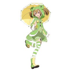 Rule 34 | 1girl, animal ears, animal hood, boots, brown hair, cat ears, frog hood, full body, highres, holding, holding umbrella, hood, leg up, long sleeves, looking at viewer, navel, non-web source, open mouth, puffy pants, raincoat, red eyes, rubber boots, see-through, short hair, shorts, silica, silica (sao-alo), simple background, solo, striped clothes, striped thighhighs, sword art online, sword art online: code register, thighhighs, umbrella, white background