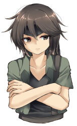 Rule 34 | 1other, androgynous, black headband, black shirt, brown eyes, brown hair, closed mouth, collarbone, collared shirt, commentary request, crossed arms, green shirt, headband, highres, kurohebi, len&#039;en, medium hair, open clothes, open shirt, other focus, ougi hina, shirt, short sleeves, simple background, solo, v-neck, white background