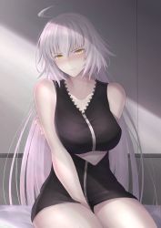 Rule 34 | 1girl, :|, ahoge, bad id, bad twitter id, bare shoulders, breasts, closed mouth, commentary request, fate/grand order, fate (series), fatego antenna, grey background, highres, jeanne d&#039;arc (fate), jeanne d&#039;arc alter (fate), jeanne d&#039;arc alter (ver. shinjuku 1999) (fate), large breasts, long hair, official alternate costume, on bed, silver hair, sitting, solo, tsurime, two-tone background, wall, wicked dragon witch ver. shinjuku 1999, yellow eyes