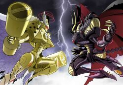 Rule 34 | 2boys, ankle wings, armor, bandai, cape, claws, digimon, digimon (creature), digimon crusader, electricity, epic, feather trim, feathers, fighting, full armor, halo, head wings, horns, jumping, jupitermon, looking at another, monster, multiple boys, no humans, official art, olympos xii, plutomon, red cape, red eyes, simple background, white cape, wings