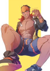 Rule 34 | 1boy, abs, artist name, bara, bare pectorals, black footwear, black hair, black jacket, blue eyes, blue shorts, blush, creatures (company), dark-skinned male, dark skin, evinist, game freak, highres, jacket, large pectorals, male focus, muscular, muscular male, navel, nintendo, nipples, open clothes, open jacket, orange shorts, pectorals, pokemon, pokemon swsh, raihan (pokemon), short hair, shorts, simple background, smile, solo, teeth, thick thighs, thighs, two-tone shorts