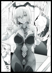 Rule 34 | 1girl, against glass, animal ears, breast press, breasts, breasts on glass, detached collar, fate/grand order, fate (series), fishnet pantyhose, fishnets, hair over one eye, hand on glass, highres, large breasts, leotard, mash kyrielight, necktie, pantyhose, playboy bunny, rabbit ears, rabbit tail, short hair, solo, strapless, strapless leotard, syatey, tail, trick or treat, wrist cuffs