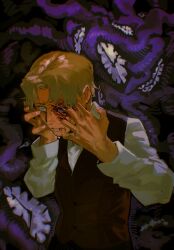 1boy analog_clock blonde_hair blood brown_vest clock commentary fear_&amp;_hunger fear_&amp;_hunger_2:_termina guro hands_on_own_face henryk_(fear_&amp;_hunger) highres hollow_eyes long_sleeves nordicpuff purple_background shirt short_hair solo upper_body vest white_shirt