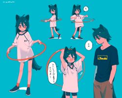 Rule 34 | 1boy, 1girl, :3, :d, :o, ^^^, ^ ^, animal ears, antenna hair, aqua background, aqua hair, arms behind head, arms up, artist name, backlighting, bad id, bad tumblr id, bike shorts, blue shirt, blush, blush stickers, brother and sister, cat boy, cat ears, cat girl, cat tail, chibi, clenched hands, closed eyes, closed mouth, collarbone, contrapposto, cowboy shot, dot nose, expressionless, eyebrows, from side, full body, hair between eyes, hands in pockets, hands up, happy, highres, holding, hoop, hula hoop, long hair, looking at another, looking down, looking to the side, loose clothes, loose shirt, motion lines, multiple views, muted color, niwabuki, no nose, noshime ruka, open mouth, original, parted lips, raglan sleeves, red eyes, satonaka kei, see-through silhouette, shirt, shoes, short sleeves, siblings, signature, simple background, sleeves past elbows, smile, socks, speech bubble, standing, t-shirt, tail, tareme, translation request, white shirt, |d